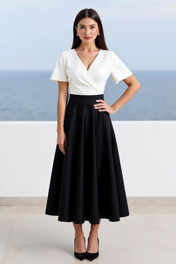 Ivory and Black A Line Satin Long Work Dress with Sleeves